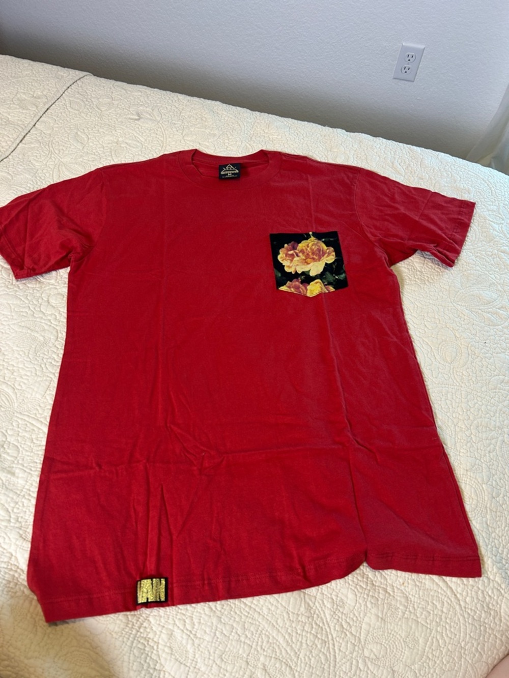 Men's Red Short-Sleeve Tee with Floral Pocket